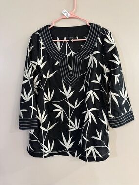 Talbots Black Tunic with White Botanical Embroidery